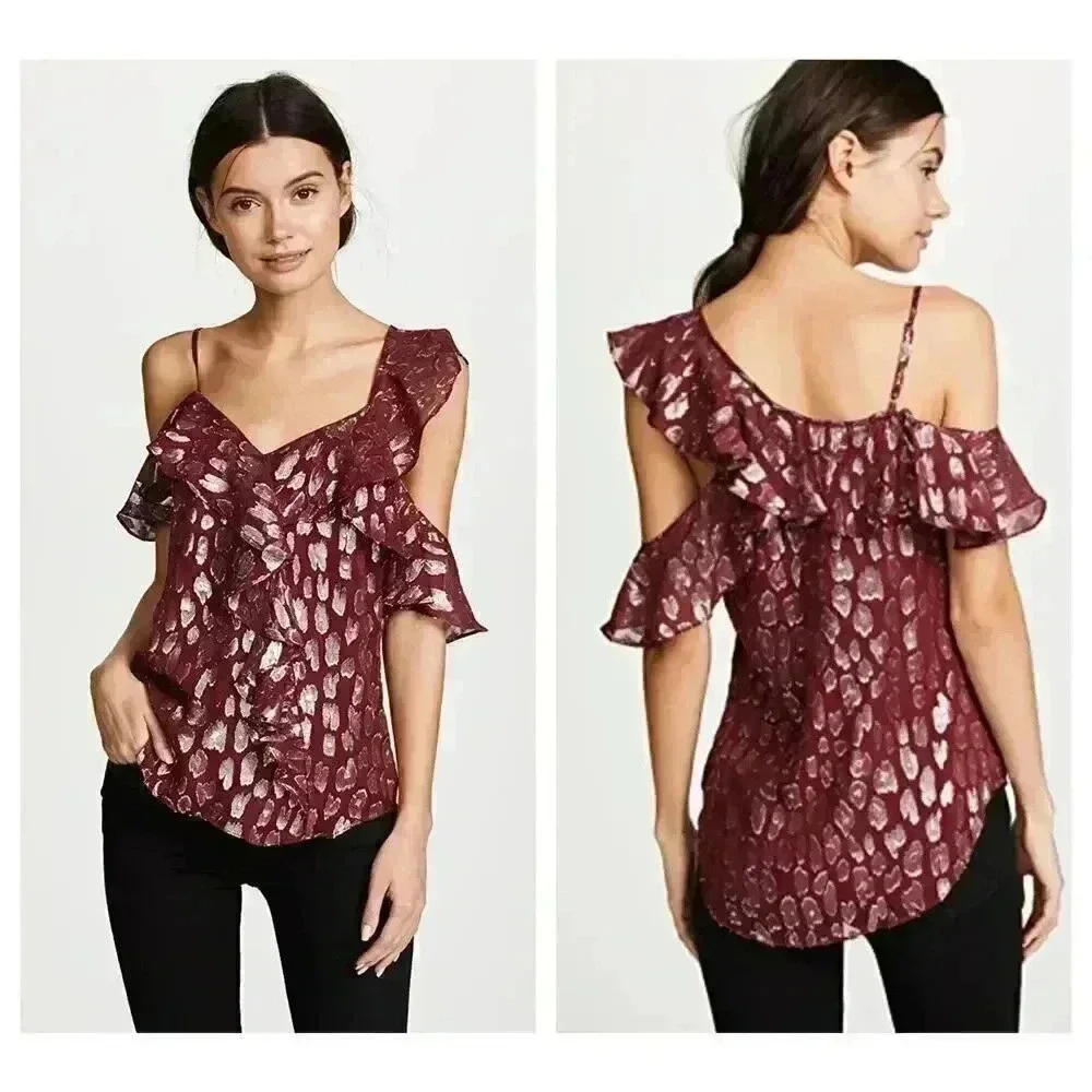 Veronica Beard Benton Top Ruffles One Shoulder Red/Silver Size 8